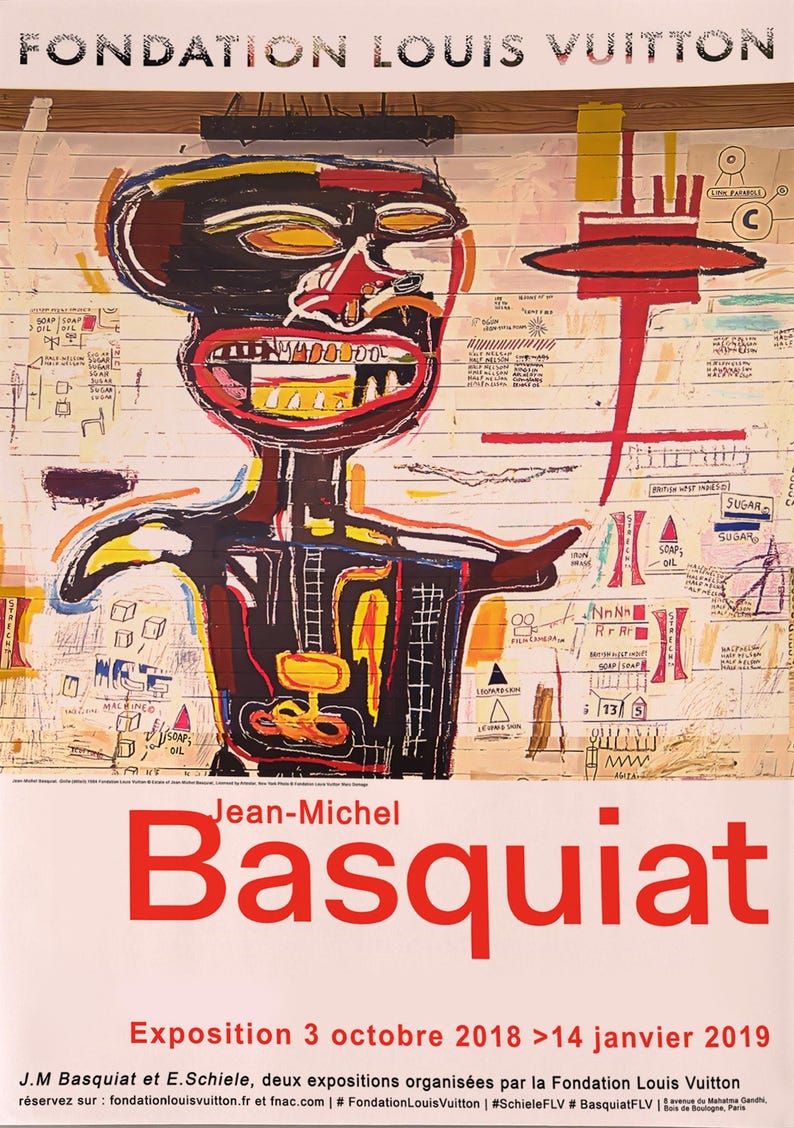 May include: Poster for the Jean-Michel Basquiat exhibition at the Fondation Louis Vuitton. The artwork features a black figure with red, yellow, and white accents. The poster includes the artist's name and exhibition dates.