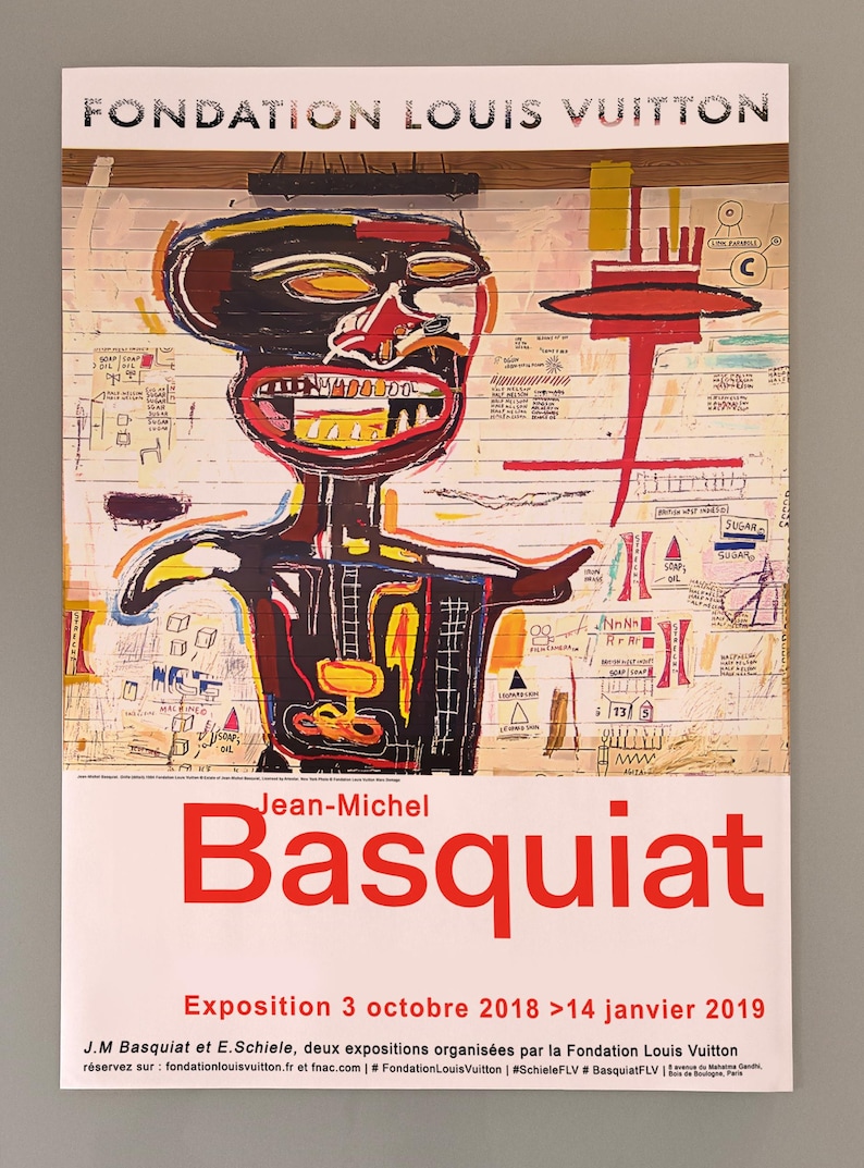 May include: Poster for the Jean-Michel Basquiat exhibition at the Fondation Louis Vuitton. The artwork features a colorful, expressive figure with a large mouth and bold lines. The poster includes the exhibition dates and the names of the artists.