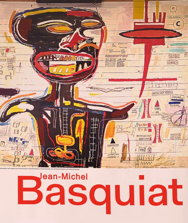 May include: A colorful Jean-Michel Basquiat art print. The artwork features a black figure with a large open mouth and a red face. The background is a mix of white, yellow, and brown with various text and symbols. The artist's name and the word "Basquiat" are in red.