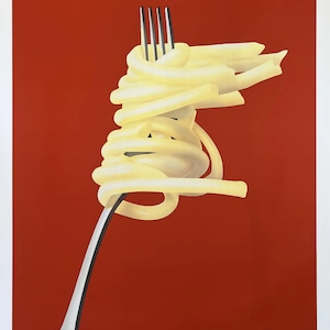 May include: A vertical poster featuring a red background with the word PASTA in large cream letters at the top. A silver fork is centred, wrapped with cream-coloured pasta strands. The text An Al Dente Brothers Production appears at the bottom right.