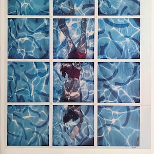May include: Poster for the Los Angeles 1984 Olympic Games. The image is a grid of 12 squares, each showing a swimmer underwater in a pool. The swimmer is wearing a red swimsuit. The water is a bright blue.
