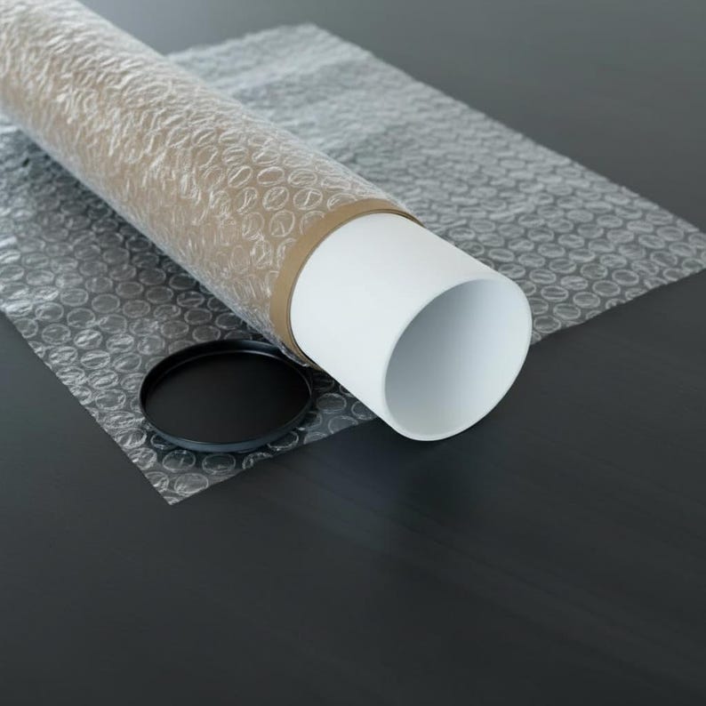 May include: A white cylindrical poster tube with a black cap, resting on bubble wrap. The tube is secured with a brown band. The scene is set on a dark surface, suggesting a focus on packaging and protection.