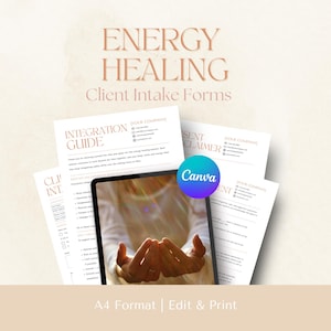 May include: An image featuring energy healing client intake forms. The forms include an integration guide and consent claimer. The Canva logo is visible. The text "Energy Healing Client Intake Forms" is displayed in a stylized font. The forms are A4 format and can be edited and printed.