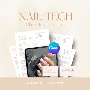 Peut inclure: Ensemble de formulaires de prise en charge client pour technicien(ne) ongulaire, comprenant un formulaire de consultation de conception, un formulaire de consentement et une carte de fidélité. Le tout sur fond beige clair avec le texte "NAIL TECH" et "Client Intake Forms".