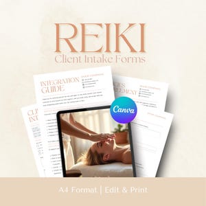 以下が含まれることがあります： 柔らかくニュートラルな色使いで「REIKI Client Intake Forms」の文字が入った、レイキのクライアント受付フォーム。統合ガイド、同意書、レイキセッションを表示するタブレットが含まれています。フォームはA4サイズで、編集と印刷が可能です。