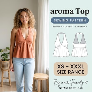 May include: A sewing pattern for an aroma Top, featuring a halter-neck design with a gathered waist and flared hem. The graphic includes technical line drawings of the front and back, text indicating an XS to XXXL size range, and beginner friendly.