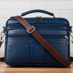 Può includere: Una borsa messenger in pelle blu navy con una tracolla marrone. La borsa ha più scomparti con cerniera e una maniglia superiore. La tracolla è regolabile e si attacca con una fibbia argentata. La borsa è rettangolare e ha una superficie strutturata.