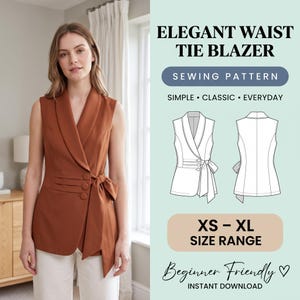 Wrap Vest PDF Sewing Pattern | Women's Tailored Sleeveless Shawl Collar Waistcoat XS-3XL | Tie Belt | A4 US Letter A0 | Instant Download