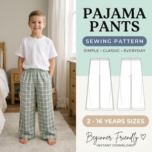 Puede incluir: Un patrón de costura para pantalones de pijama con el texto PAJAMA PANTS SEWING PATTERN SIMPLE CLASSIC EVERYDAY 2-16 YEARS SIZES Beginner Friendly INSTANT DOWNLOAD. La imagen muestra una camiseta blanca y pantalones de pijama de cuadros verdes y blancos.