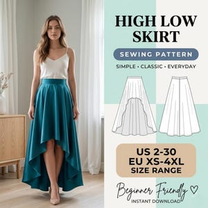 Könnte beinhalten: Ein Schnittmuster für einen Vokuhila-Rock mit einem türkisfarbenen Rock, der vorne kürzer und hinten länger geschnitten ist. Die Grafik enthält technische Strichzeichnungen des Rocks, den Text HIGH LOW SKIRT SEWING PATTERN und die Größen US 2-30.