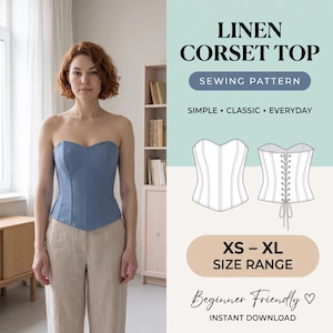 May include: A blue strapless linen corset top sewing pattern featuring a front and back technical line drawing, text reading LINEN CORSET TOP SEWING PATTERN, and a size range of XS to XL. The design includes a lace-up back closure detail.