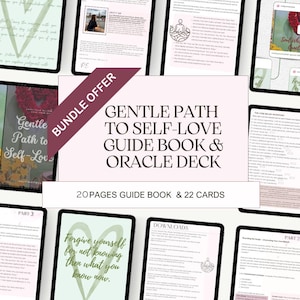 Może przedstawiać: Oferta pakietowa na książkę z przewodnikiem po miłości własnej i talię wyroczni. Tekst brzmi "Gentle Path to Self-Love Guide Book & Oracle Deck" z "20 Pages Guide Book & 22 Cards" poniżej. Obraz zawiera cyfrowe strony z tekstem i ilustracjami.