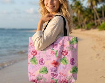 Pink Floral Tote Bag | Girls Trip Beach Bag | Travel Tote | Summer Vacation Bag | Bachelorette Gift