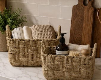 Woven Storage Basket with Handles – Rustic Farmhouse Organizer, Bathroom Counter Basket, Shelf Decor, Natural Home Storage