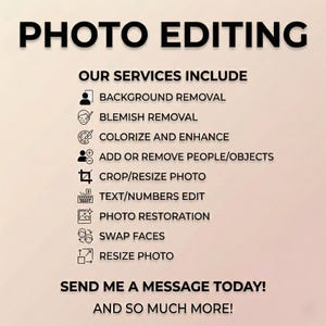 May include: A graphic with the words "PHOTO EDITING" at the top. Below, it lists services including background and blemish removal, colorization, adding/removing objects, photo restoration, and more. The text "SEND ME A MESSAGE TODAY!" is at the bottom.