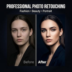Puede incluir: Imagen que muestra retoque fotográfico profesional, con una comparación de antes y después. A la izquierda, el rostro de una mujer con la etiqueta "Antes", y a la derecha, la versión retocada con "Después". El texto superior dice "PROFESSIONAL PHOTO RETOUCHING" con "Fashion • Beauty • Portrait."