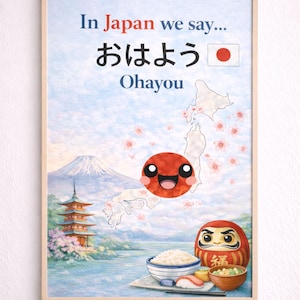 May include: A framed print with a watercolor illustration of Japan. The image includes Mount Fuji, a pagoda, and a Daruma doll. Text at the top reads "In Japan we say..." followed by Japanese characters and the word "Ohayou". A smiling red character is also present.