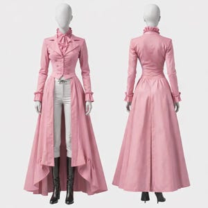Robe queue-de-pie steampunk victorienne rose pour femme, robe gothique longue manteau, vintage britannique, costume de cosplay historique, élégant manteau ajusté