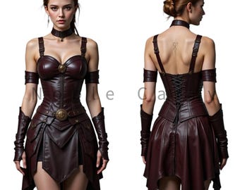 Women's Burgundy Real Leather Warrior Corset Dress | Gothic Maroon Medieval Fantasy Outfit | Lace Up Back Steampunk Gladiator Costume