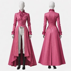 Frac rosa victoriano para mujer, abrigo largo steampunk, abrigo gótico asimétrico, chaqueta de estilo vintage, abrigo para cosplay, atuendo renacentista, vestido largo