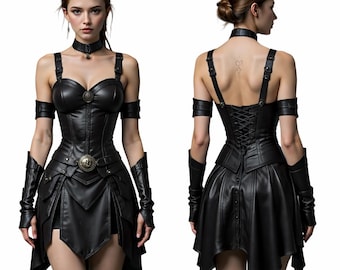 Women's Black Real Leather Warrior Corset Dress | Gothic Victorian Medieval Fantasy Outfit | Lace Up Back Steampunk Gladiator Costume dress