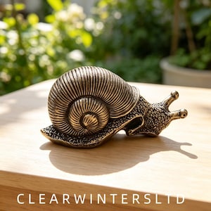May include: A metallic bronze-toned snail figurine featuring a detailed spiral shell and a textured body with two prominent eye stalks. The surface of the snail displays a dark, weathered patina finish. The text CLEARWINTERSLTD is visible below.