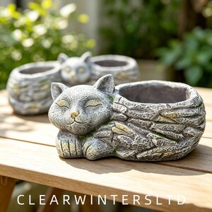 Maceta de resina con textura de piedra vintage, diseño de gato durmiendo, ideal para plantas suculentas, jardines, balcones y exteriores. Regalo perfecto.