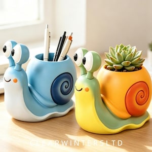Cute Snail Resin Pen Holder Succulent Planter Cartoon Desktop Organizer Multi-Functional Home Office Decor Ornament Gift
