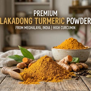 Pode incluir: Uma mesa de madeira rústica exibe pó de açafrão Lakadong, raízes de açafrão e uma colher de madeira. Uma tigela de pó de açafrão está no fundo. O texto diz "PREMIUM LAKADONG TURMERIC POWDER FROM MEGHALAYA, INDIA | HIGH CURCUMIN."