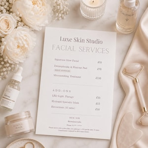 May include: A flat lay featuring a spa menu from Luxe Skin Studio, skincare products, a candle, and a rose quartz face roller. The menu lists facial services and add-ons. The products include a serum, a face balm, and a Caudalie bottle.