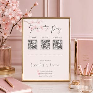 Letrero editable con código QR para escanear y pagar, plantilla de pago para floristerías, letrero para redes sociales Venmo CashApp PayPal, pago en Canva para salones de belleza