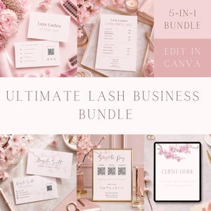 Lash Tech Branding Kit Canva, Mall för prislista för fransförlängning, Kort för eftervård av fransar, Rosa salongsmarknadsföring, Affärsguide QR-kodskylt