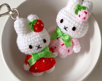 Strawberry Miffy Crochet Keychain , Handmade Plushie Doll, Cute Bag Charm Accessories, Personalised Gifts for trinkets lover