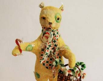 Nostalgic Folk Art Carol Roll, mixed media vintage mohair style Christmas bear