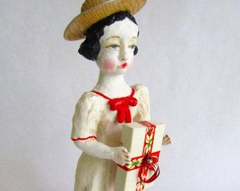 Nostalgic Folk Art Carol Roll, mixed media paper mache vintage style Christmas girl and her cat