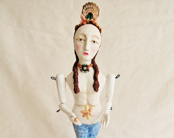 Nostalgic Folk Art Carol Roll, paper mache vintage style Florida Mermaid figure sculpture