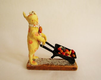 Nostalgic Folk Art Carol Roll, vintage mohair style little bunny rabbit with wagon