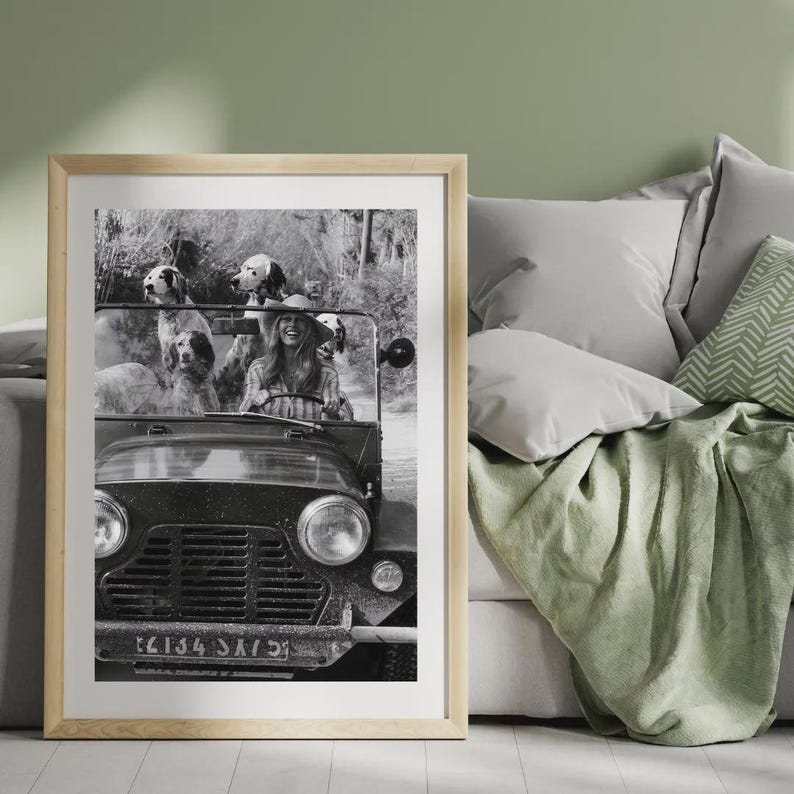 Puede incluir: Impresi&oacute;n enmarcada en blanco y negro que muestra a una mujer conduciendo un coche cl&aacute;sico, acompa&ntilde;ada de varios perros. Los perros son de diferentes razas, y la mujer lleva un sombrero y sonr&iacute;e. El coche tiene una matr&iacute;cula.