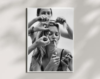 Kate Moss Poster, Kate Moss Getting Ready, Black and White Photography Poster, Fashion Wall Art, Black and White Fashion Photo