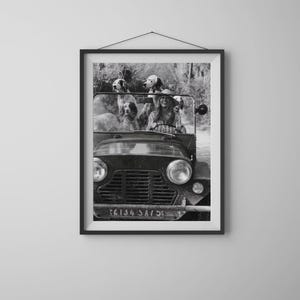 Puede incluir: Impresi&oacute;n enmarcada en blanco y negro de un coche antiguo lleno de perros y una persona sonriendo. Los perros son de varias razas, y la persona lleva un sombrero. El coche tiene un dise&ntilde;o cl&aacute;sico, con faros redondos y una parrilla delantera.
