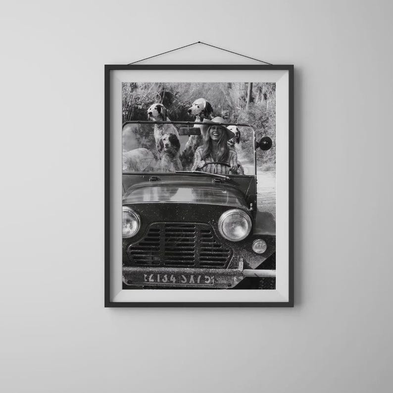 Puede incluir: Impresi&oacute;n enmarcada en blanco y negro de un coche antiguo lleno de perros y una persona sonriendo. Los perros son de varias razas, y la persona lleva un sombrero. El coche tiene un dise&ntilde;o cl&aacute;sico, con faros redondos y una parrilla delantera.