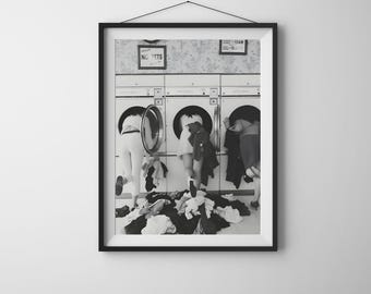 Póster de lavandería, fotografía divertida de lavandería, arte mural en blanco y negro, descarga instantánea e imprimible, decoración minimalista para el hogar, descarga digital