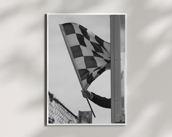 Schwarzweiße Karierte Flagge Wandkunst, Rennsport Flagge Poster, Minimale Motorsport Fotografie, Moderne Mann Höhle Dekor, F1 Racing Kunst