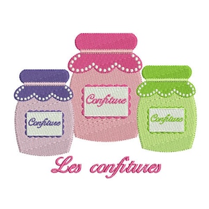 May include: Three glass jars with lids, each labeled "Confiture" in white lettering. The jars are pink, purple, and green. The text "Les confitures" is written in pink below the jars.