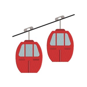 Peut inclure: Deux téléphériques rouges suspendus à un câble noir. Les téléphériques ont des fenêtres et un toit rouge.