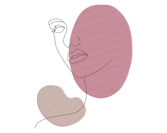 May include: A line drawing of a face with pink and beige abstract shapes. The face is outlined in black and has a closed mouth.