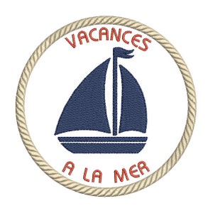 Motif de broderie machine cadre marin avec silhouette bateau à voiles en téléchargement immédiat.