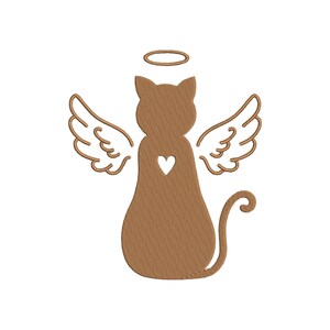 May include: A brown silhouette of a cat with wings and a halo, with a small white heart in the center of the cat's chest.