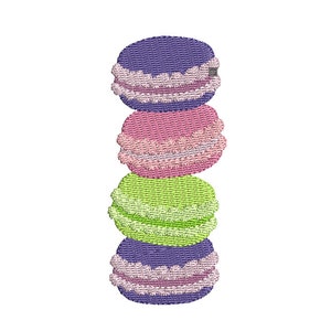 May include: A stack of four macarons, each with a different color and filling. The macarons are purple, pink, green, and purple.
