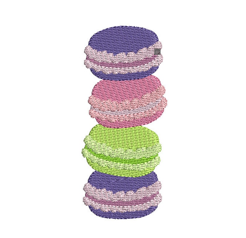 May include: A stack of four macarons, each with a different color and filling. The macarons are purple, pink, green, and purple.